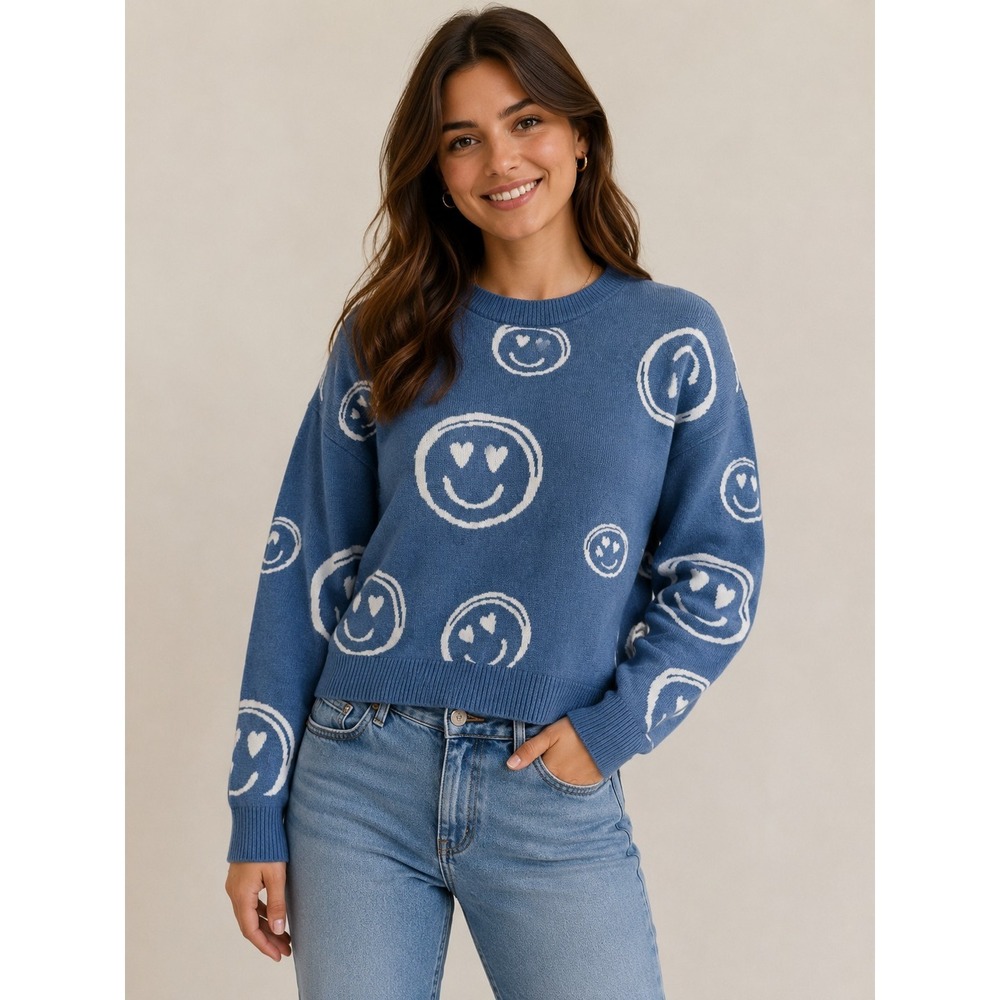 Blue w/White Smiley Faces Long Sleeve Sweater Junior Size Medium Knit